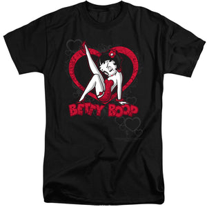 AN OFFCIALLY LICENSED BETTY BOOP SCROLLING HEARTS MEN'S TALL FIT T-SHIRT BLACK