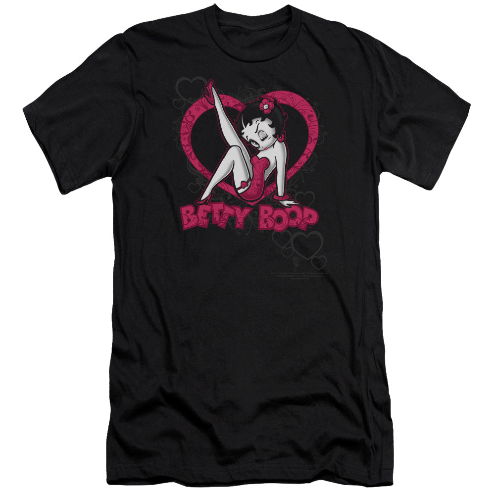 AN OFFCIALLY LICENSED BETTY BOOP SCROLLING HEARTS MEN'S PREMIUM SLIM FIT T-SHIRT BLACK