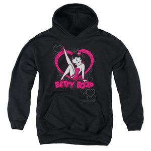 AN OFFCIALLY LICENSED BETTY BOOP SCROLLING HEARTS YOUTH HOODIE BLACK