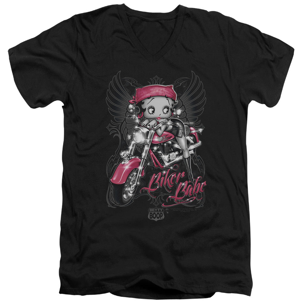 AN OFFCIALLY LICENSED BETTY BOOP BIKER BABE MEN'S V-NECK T-SHIRT BLACK