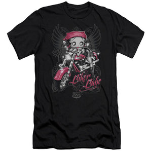 AN OFFCIALLY LICENSED BETTY BOOP BIKER BABE MEN'S PREMIUM SLIM FIT T-SHIRT BLACK