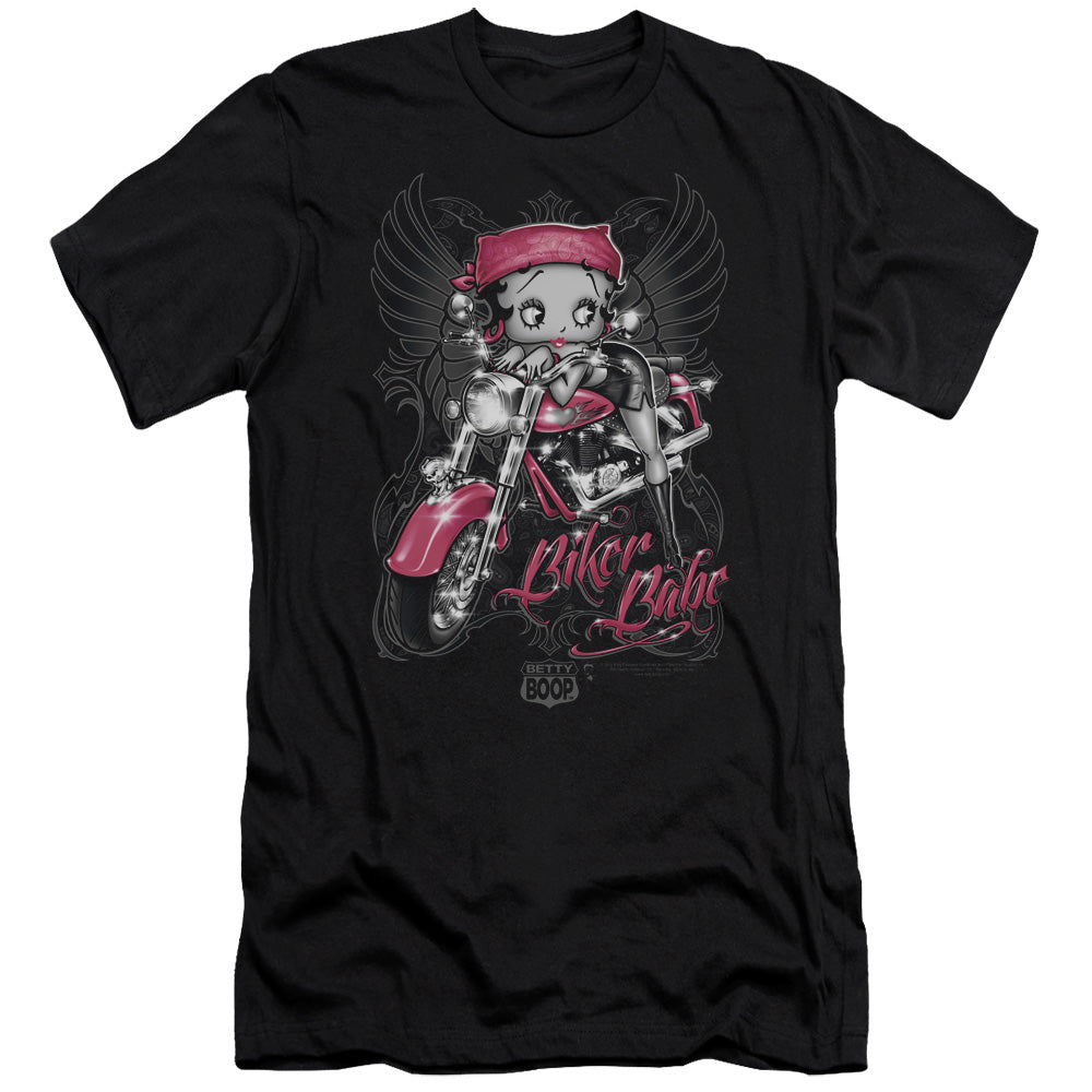 AN OFFCIALLY LICENSED BETTY BOOP BIKER BABE MEN'S PREMIUM SLIM FIT T-SHIRT BLACK