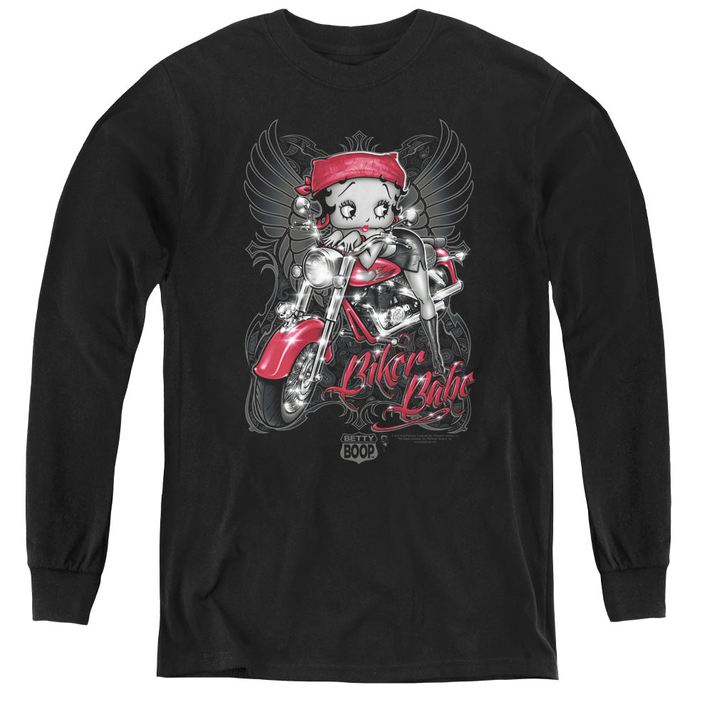 AN OFFCIALLY LICENSED BETTY BOOP BIKER BABE YOUTH LONG SLEEVE T-SHIRT BLACK