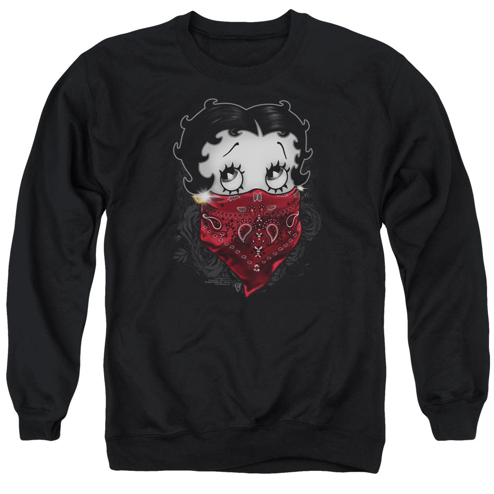AN OFFCIALLY LICENSED BETTY BOOP BANDANA & ROSES ADULT UNISEX CREWNECK SWEATSHIRT BLACK