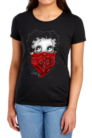 AN OFFCIALLY LICENSED BETTY BOOP BANDANA & ROSES WOMEN'S REGULAR FIT T-SHIRT BLACK