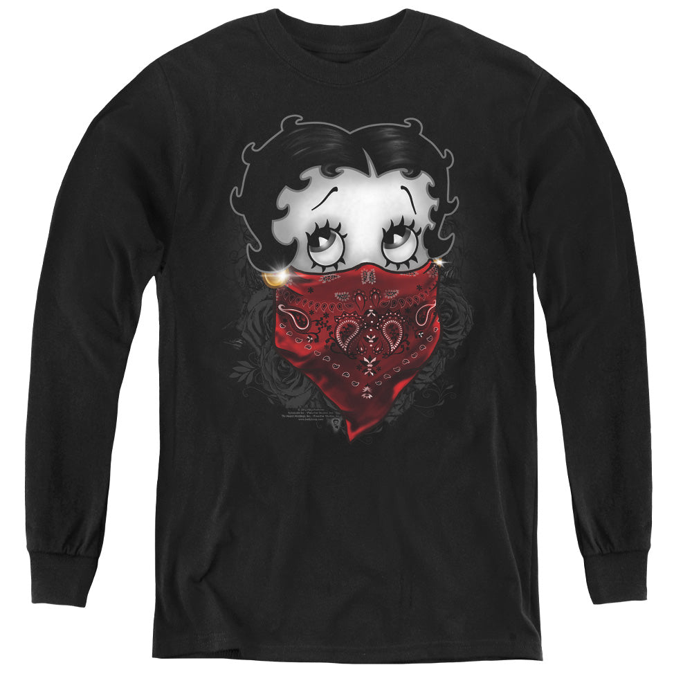 AN OFFCIALLY LICENSED BETTY BOOP BANDANA & ROSES YOUTH LONG SLEEVE T-SHIRT BLACK
