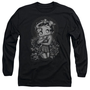 AN OFFCIALLY LICENSED BETTY BOOP FASHION ROSES MEN'S LONG SLEEVE T-SHIRT BLACK