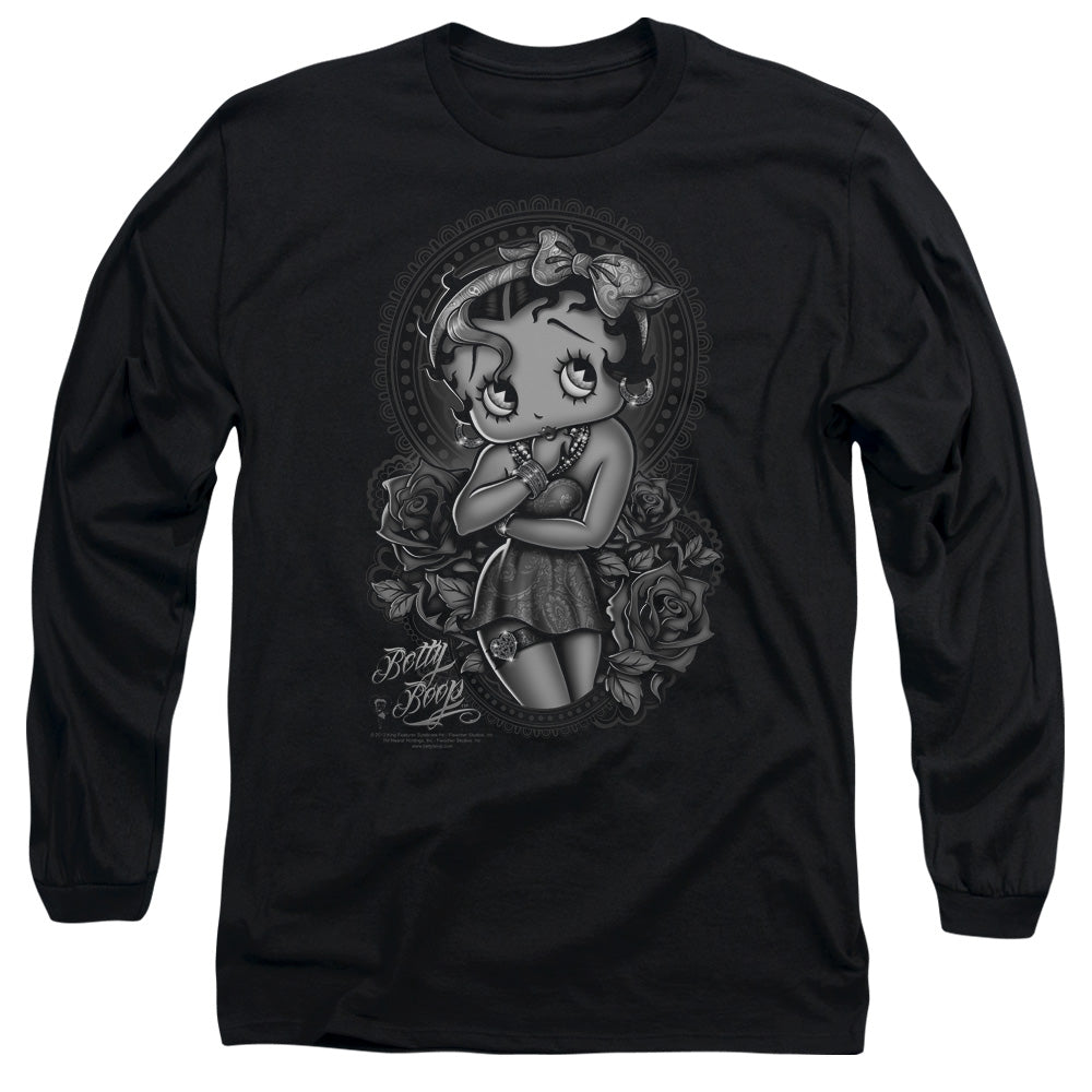 AN OFFCIALLY LICENSED BETTY BOOP FASHION ROSES MEN'S LONG SLEEVE T-SHIRT BLACK