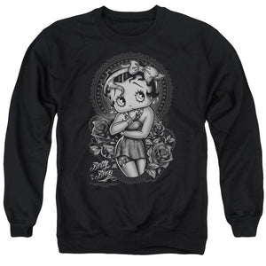 AN OFFCIALLY LICENSED BETTY BOOP FASHION ROSES ADULT UNISEX CREWNECK SWEATSHIRT BLACK
