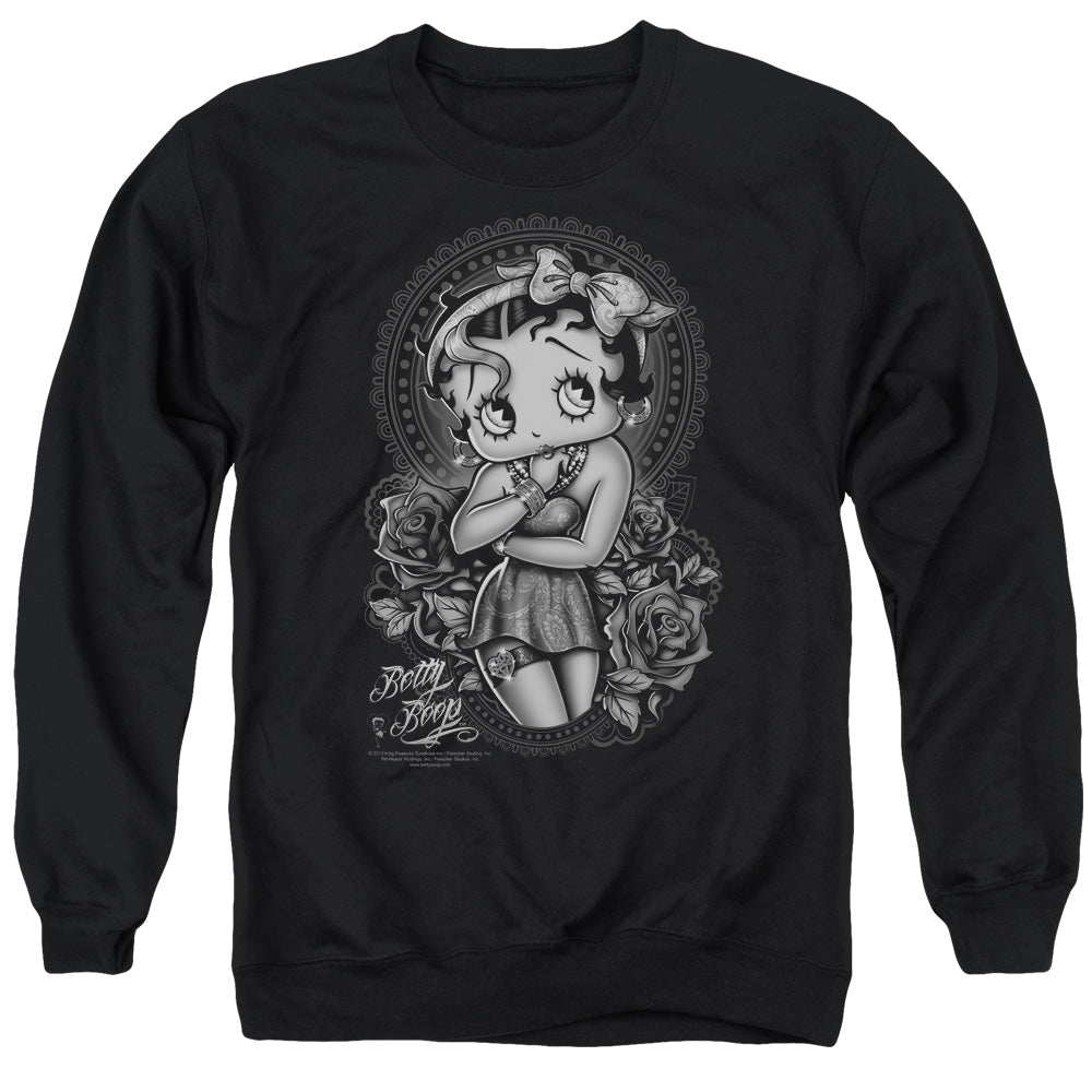 AN OFFCIALLY LICENSED BETTY BOOP FASHION ROSES ADULT UNISEX CREWNECK SWEATSHIRT BLACK