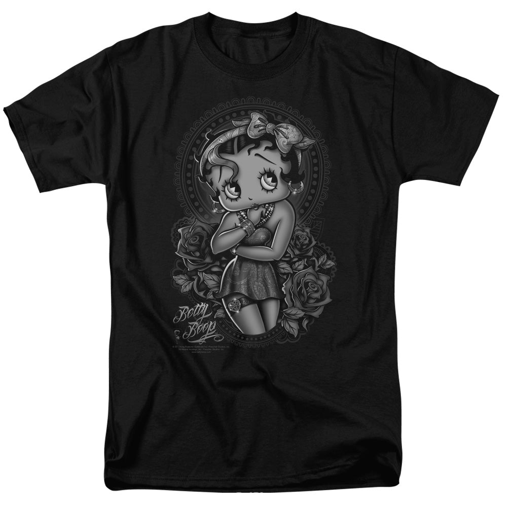 AN OFFCIALLY LICENSED BETTY BOOP FASHION ROSES MEN'S REGULAR FIT T-SHIRT BLACK