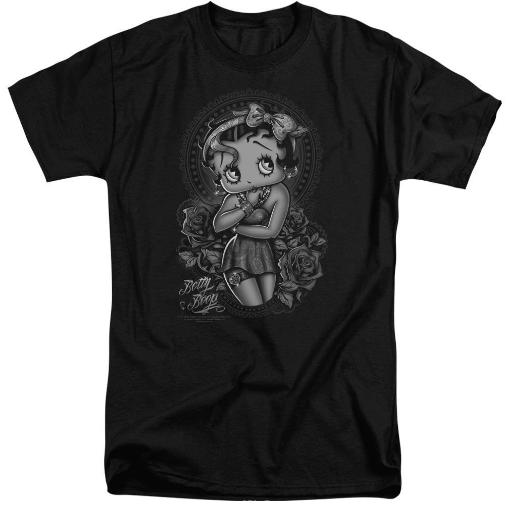 AN OFFCIALLY LICENSED BETTY BOOP FASHION ROSES MEN'S TALL FIT T-SHIRT BLACK
