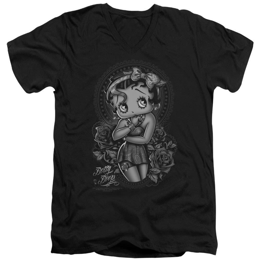 AN OFFCIALLY LICENSED BETTY BOOP FASHION ROSES MEN'S V-NECK T-SHIRT BLACK