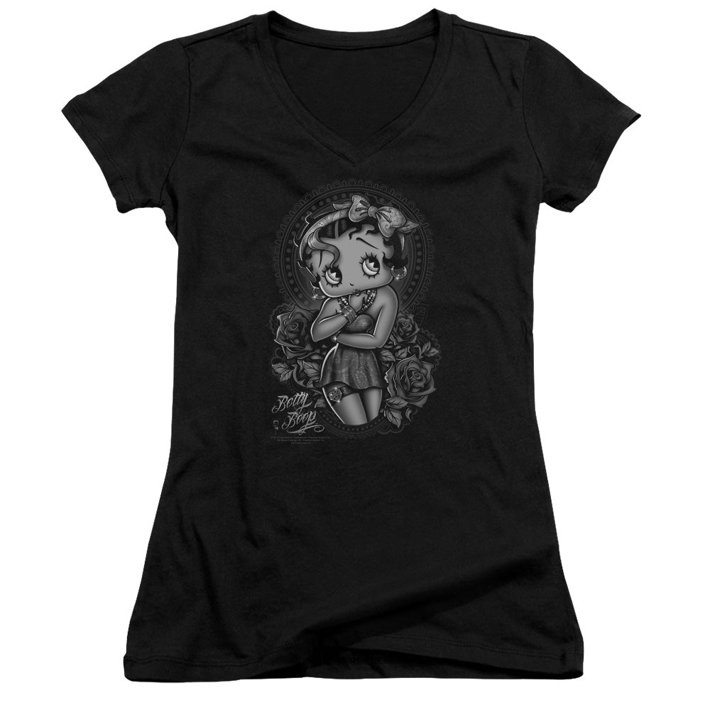Betty Boop Fashion Roses Licensed Women's T-Shirt Juniors V-Neck SM