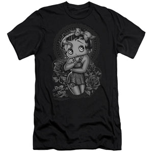 AN OFFCIALLY LICENSED BETTY BOOP FASHION ROSES MEN'S PREMIUM SLIM FIT T-SHIRT BLACK