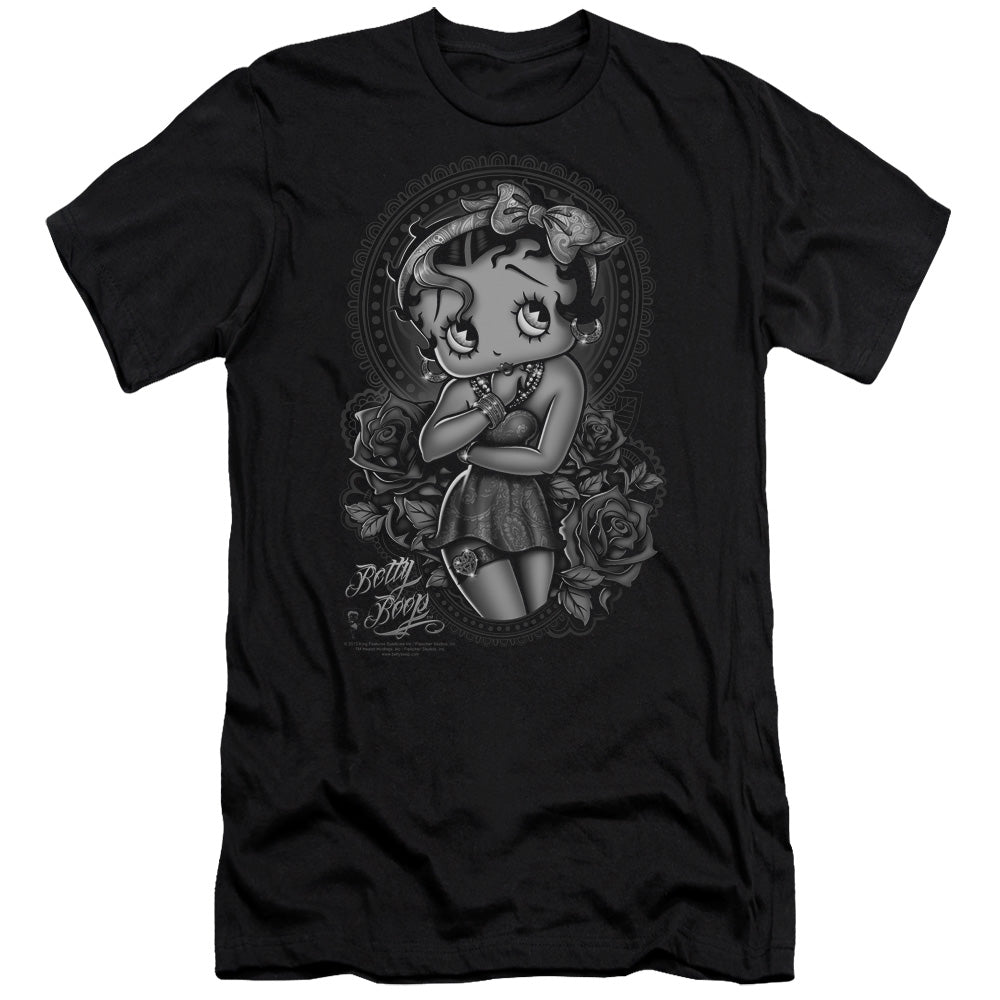 AN OFFCIALLY LICENSED BETTY BOOP FASHION ROSES MEN'S PREMIUM SLIM FIT T-SHIRT BLACK