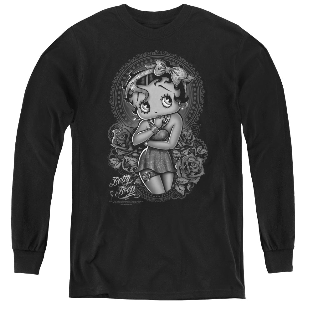 AN OFFCIALLY LICENSED BETTY BOOP FASHION ROSES YOUTH LONG SLEEVE T-SHIRT BLACK