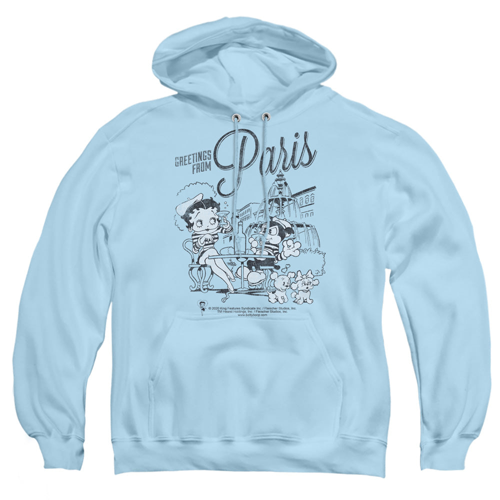 AN OFFCIALLY LICENSED BETTY BOOP GREETINGS FROM PARIS ADULT UNISEX PULLOVER HOODIE LIGHT BLUE