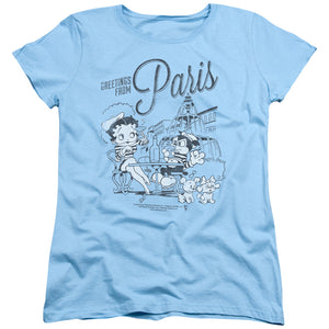 AN OFFCIALLY LICENSED BETTY BOOP GREETINGS FROM PARIS WOMEN'S REGULAR FIT T-SHIRT LIGHT BLUE