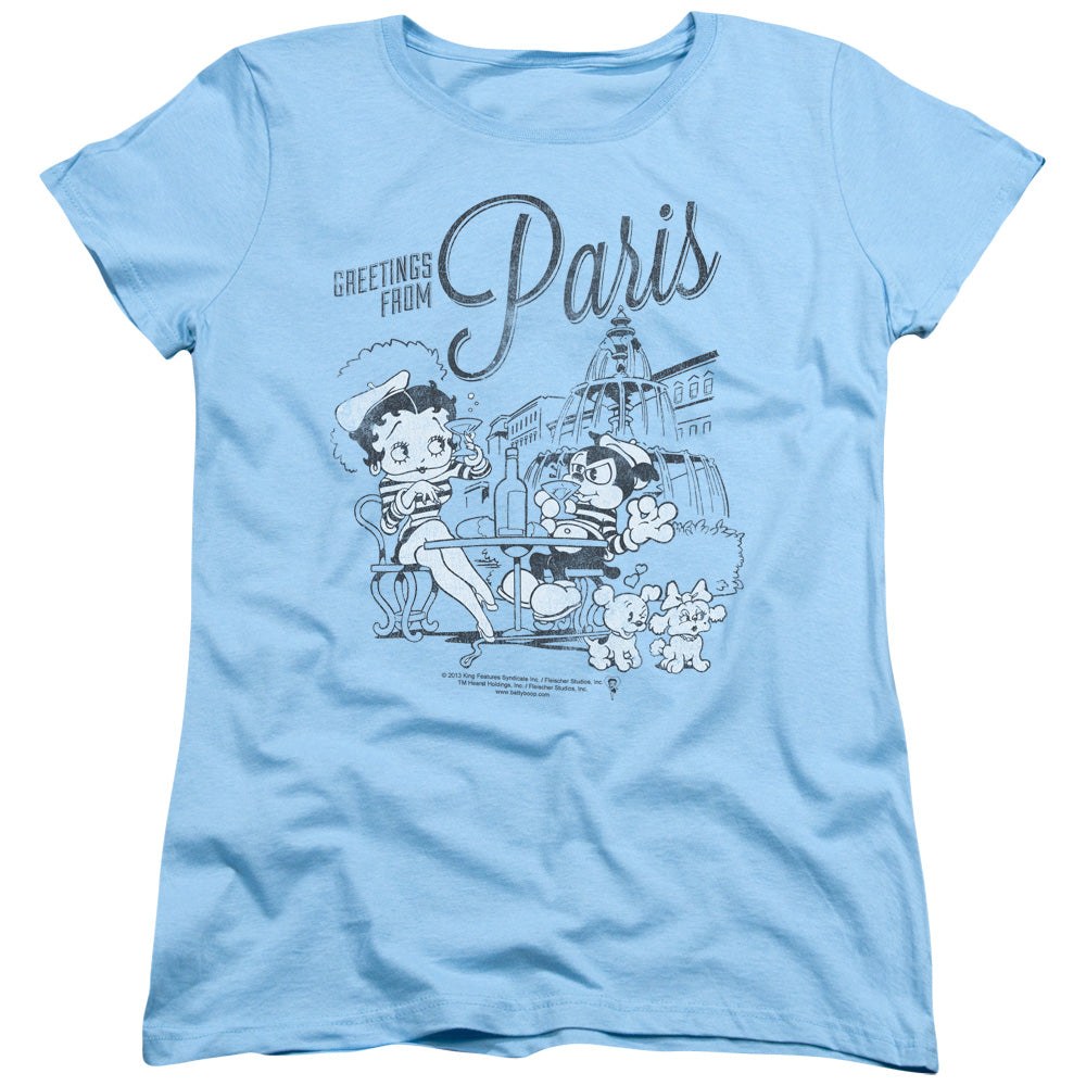 AN OFFCIALLY LICENSED BETTY BOOP GREETINGS FROM PARIS WOMEN'S REGULAR FIT T-SHIRT LIGHT BLUE