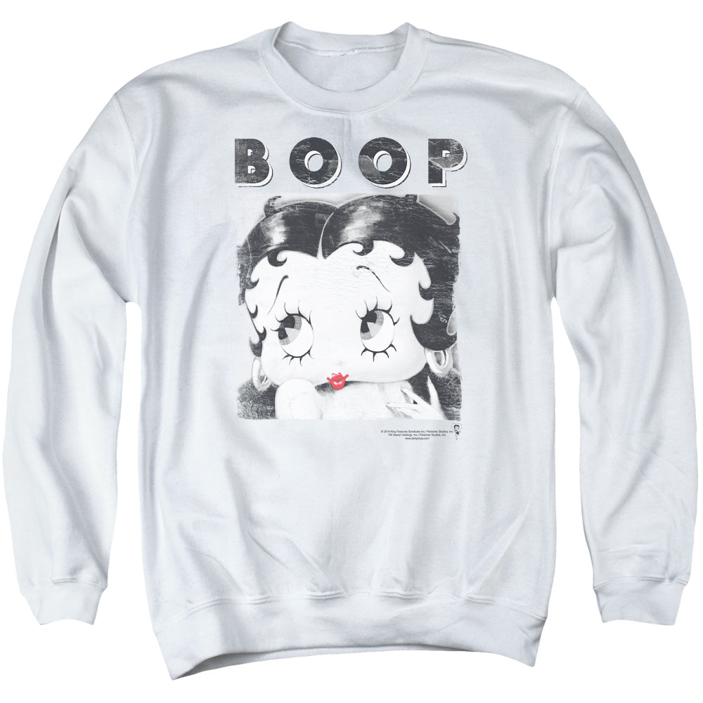 AN OFFCIALLY LICENSED BETTY BOOP NOT FADE AWAY ADULT UNISEX CREWNECK SWEATSHIRT WHITE