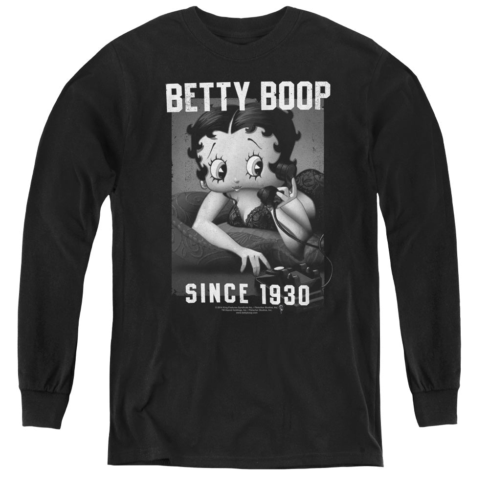AN OFFCIALLY LICENSED BETTY BOOP ON THE LINE YOUTH LONG SLEEVE T-SHIRT BLACK