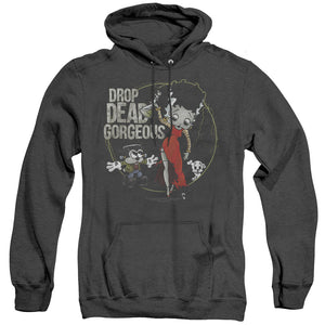AN OFFCIALLY LICENSED BETTY BOOP DROP DEAD GORGEOUS ADULT UNISEX HEATHER PULLOVER HOODIE BLACK