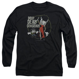 AN OFFCIALLY LICENSED BETTY BOOP DROP DEAD GORGEOUS MEN'S LONG SLEEVE T-SHIRT BLACK