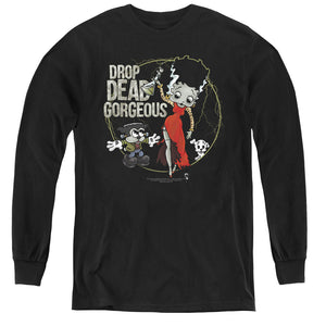 AN OFFCIALLY LICENSED BETTY BOOP DROP DEAD GORGEOUS YOUTH LONG SLEEVE T-SHIRT BLACK