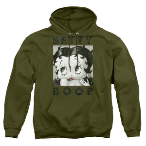 AN OFFCIALLY LICENSED BETTY BOOP CAMO GLAMOUR ADULT UNISEX PULLOVER HOODIE MILITARY GREEN