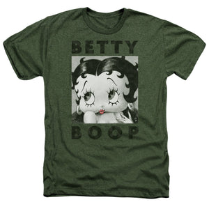 AN OFFCIALLY LICENSED BETTY BOOP CAMO GLAMOUR MEN'S HEATHER T-SHIRT MILITARY GREEN