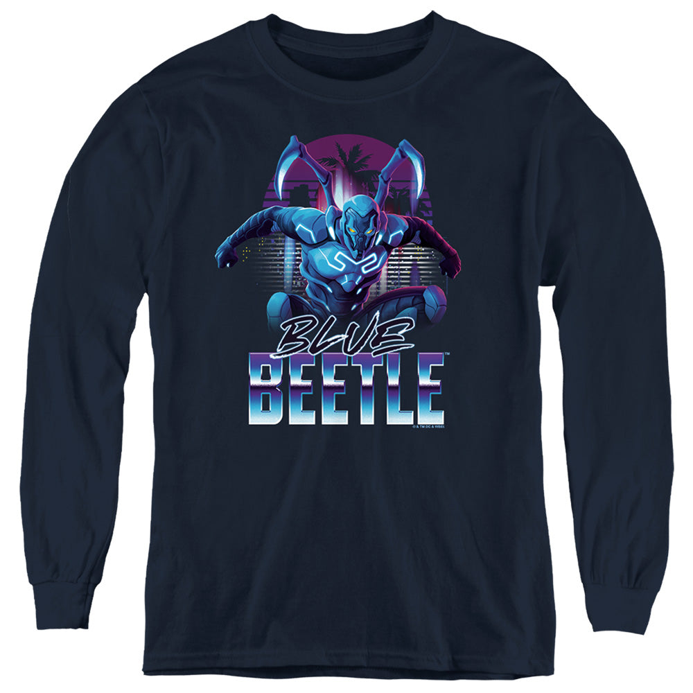 AN OFFCIALLY LICENSED BLUE BEETLE (2023) CITY PROTECTOR YOUTH LONG SLEEVE T-SHIRT NAVY