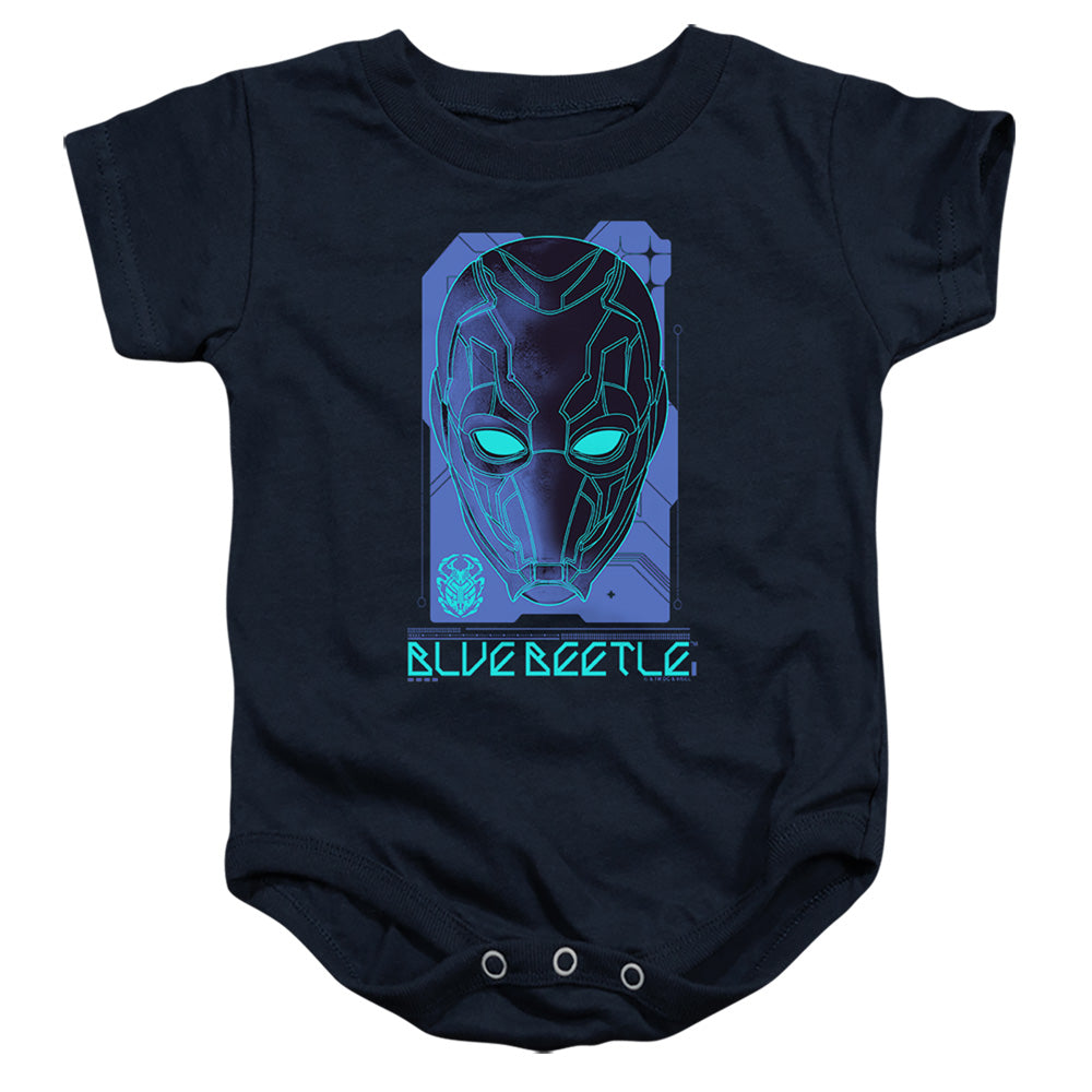 AN OFFCIALLY LICENSED BLUE BEETLE (2023) LARGE MASK BABY BODYSUIT NAVY