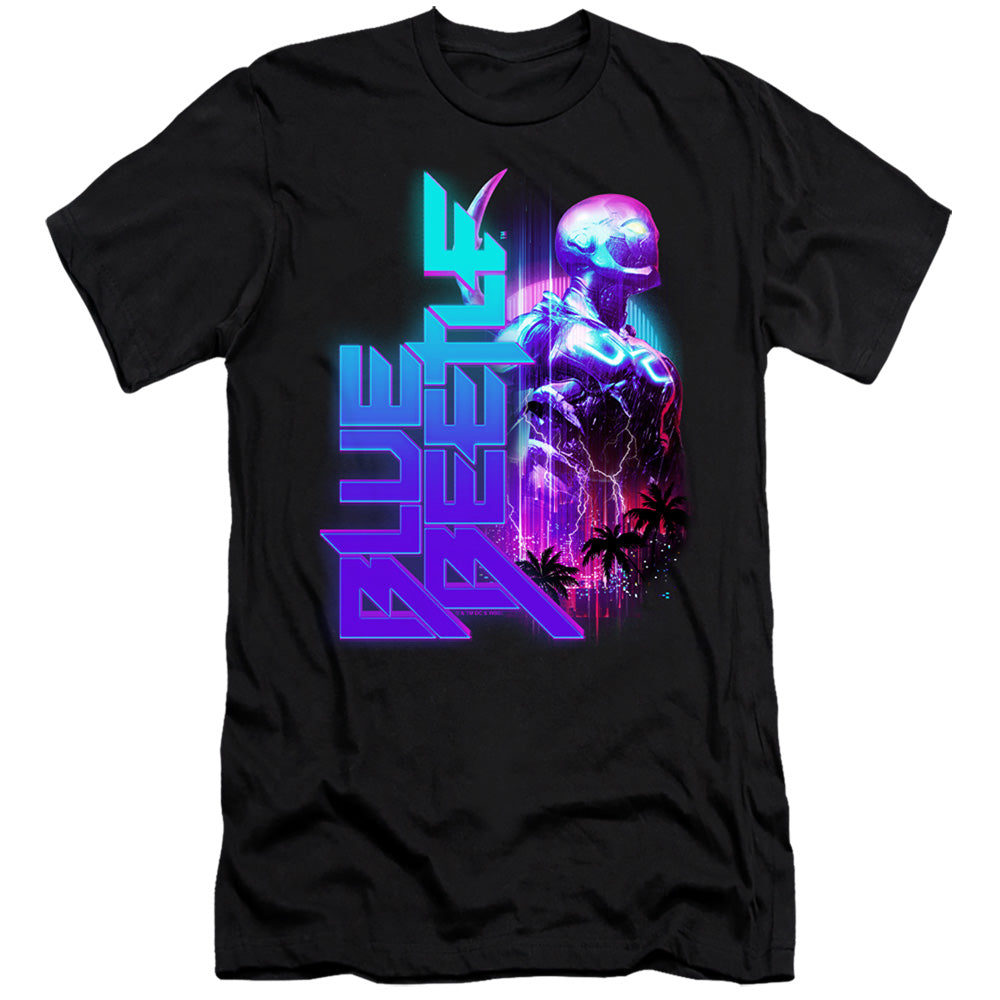 AN OFFCIALLY LICENSED BLUE BEETLE (2023) LIGHTNING MEN'S PREMIUM SLIM FIT T-SHIRT BLACK