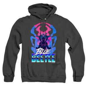 AN OFFCIALLY LICENSED BLUE BEETLE (2023) SILHOUETTE ADULT UNISEX HEATHER PULLOVER HOODIE BLACK