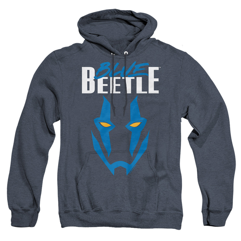 AN OFFCIALLY LICENSED BLUE BEETLE (2023) MASK ADULT UNISEX HEATHER PULLOVER HOODIE NAVY