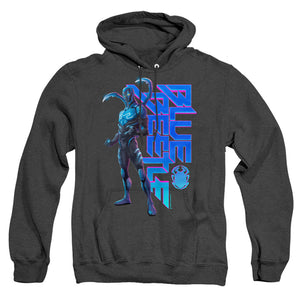 AN OFFCIALLY LICENSED BLUE BEETLE (2023) STANDING ADULT UNISEX HEATHER PULLOVER HOODIE BLACK