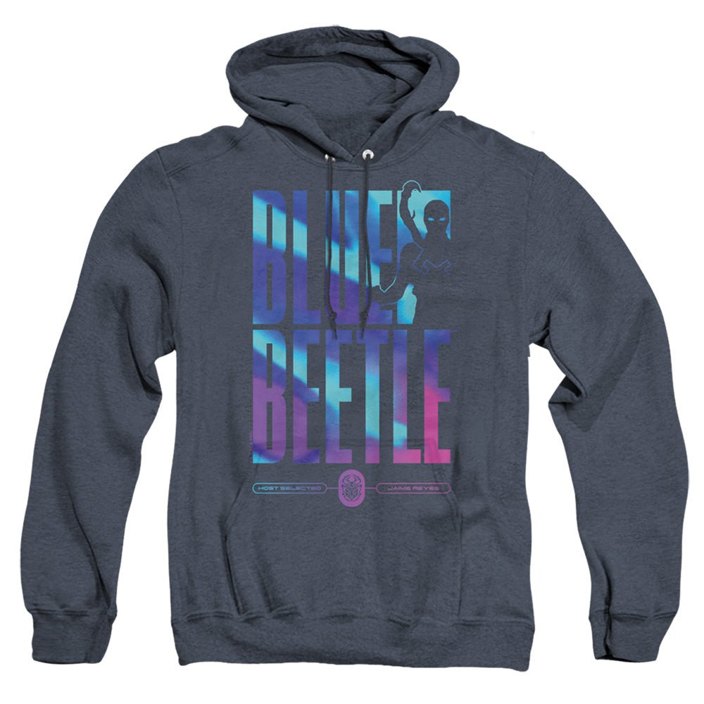 AN OFFCIALLY LICENSED BLUE BEETLE (2023) HERO HOST ADULT UNISEX HEATHER PULLOVER HOODIE NAVY