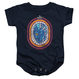 AN OFFCIALLY LICENSED BLUE BEETLE (2023) REYES COURAGE BABY BODYSUIT NAVY