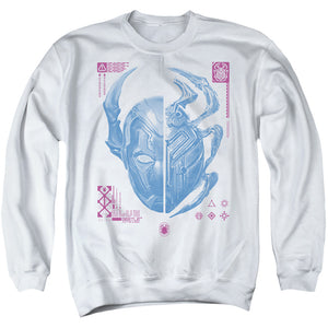 AN OFFCIALLY LICENSED BLUE BEETLE (2023) SPLIT BEETLE ADULT UNISEX CREWNECK SWEATSHIRT WHITE