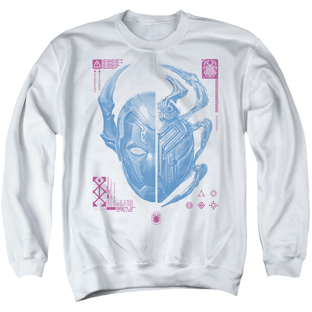AN OFFCIALLY LICENSED BLUE BEETLE (2023) SPLIT BEETLE ADULT UNISEX CREWNECK SWEATSHIRT WHITE