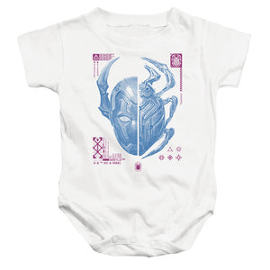 AN OFFCIALLY LICENSED BLUE BEETLE (2023) SPLIT BEETLE BABY BODYSUIT WHITE