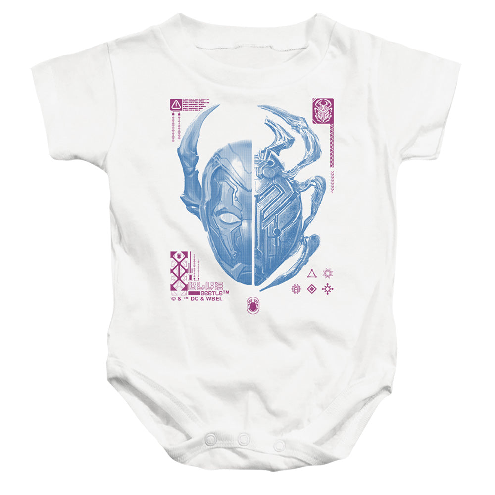 AN OFFCIALLY LICENSED BLUE BEETLE (2023) SPLIT BEETLE BABY BODYSUIT WHITE