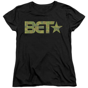 AN OFFCIALLY LICENSED BET BET CAMO LOGO WOMEN'S REGULAR FIT T-SHIRT BLACK