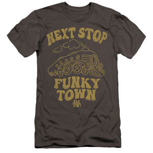 AN OFFCIALLY LICENSED BET SOUL TRAIN NEXT STOP MEN'S PREMIUM SLIM FIT T-SHIRT CHARCOAL