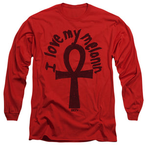 AN OFFCIALLY LICENSED BET I LOVE MY MELANIN MEN'S LONG SLEEVE T-SHIRT RED