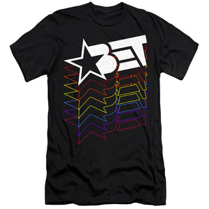 AN OFFCIALLY LICENSED BET LOGO CASCADING RAINBOW MEN'S PREMIUM SLIM FIT T-SHIRT BLACK