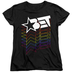 AN OFFCIALLY LICENSED BET LOGO CASCADING RAINBOW WOMEN'S REGULAR FIT T-SHIRT BLACK