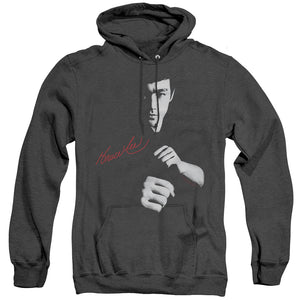 AN OFFCIALLY LICENSED BRUCE LEE THE DRAGON AWAITS ADULT UNISEX HEATHER PULLOVER HOODIE BLACK