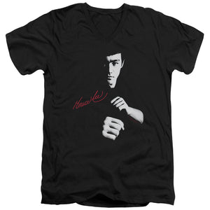 AN OFFCIALLY LICENSED BRUCE LEE THE DRAGON AWAITS MEN'S V-NECK T-SHIRT BLACK